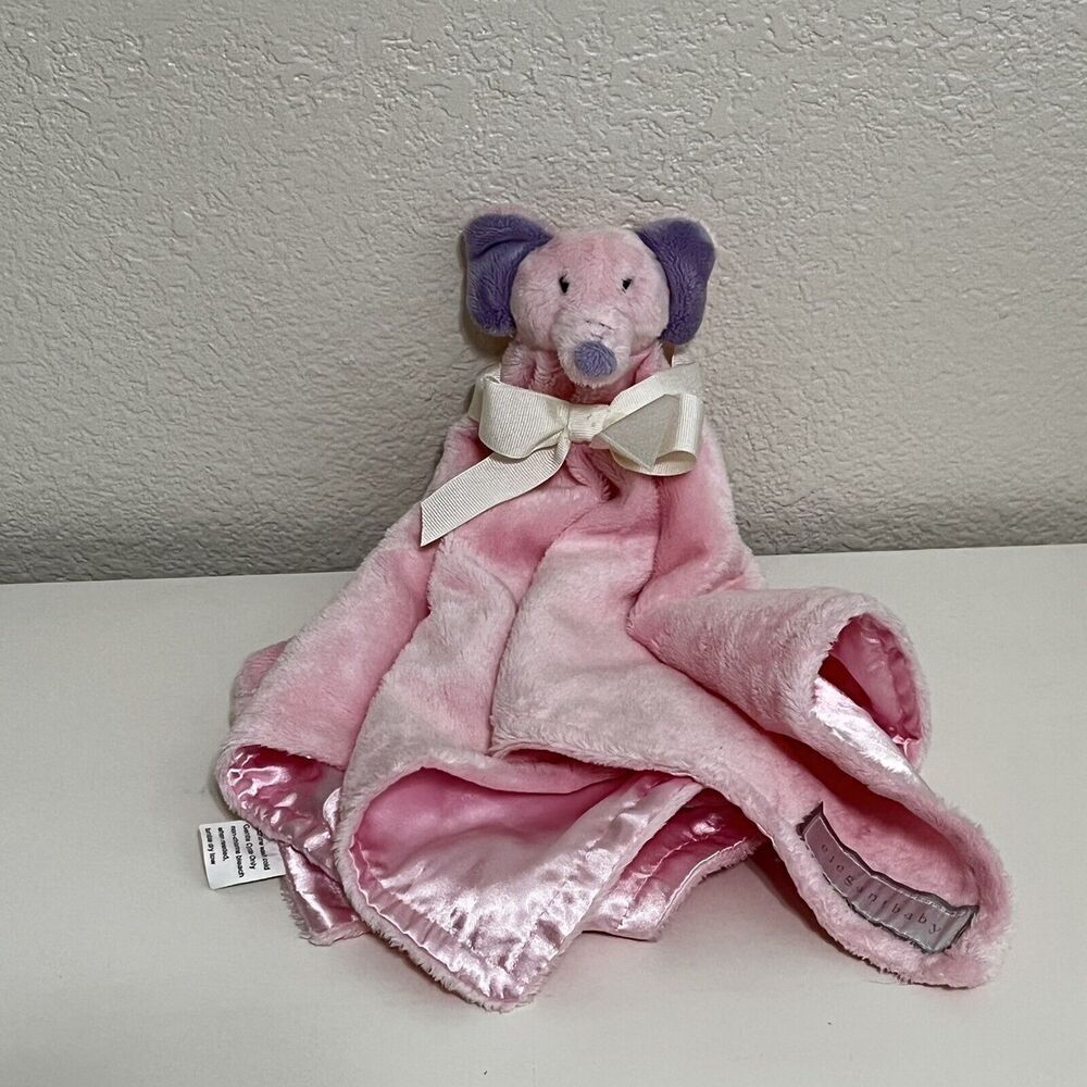 Elegant Baby Pink Purple Elephant Security Blanket Lovey Lovie Satin Back Bow